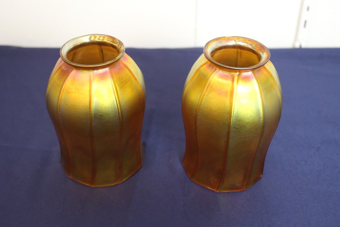 Pair of Quezal Gold Aurene Iridescent Art Glass Shades (1 of 12)
