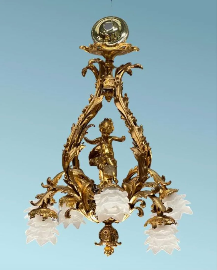 Period Art Nouveau Gold Gilt Bronze Cherubs Chandelier 6 Light Fixture (1 of 7)