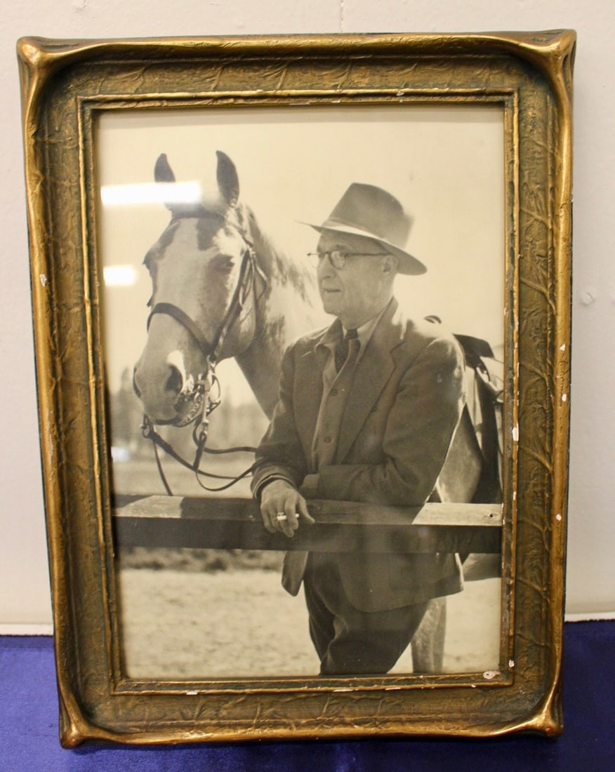Vintage Black and White Photo with a Man and a Horse: Vintage black and white photo with a man and a horse in Vancouver race track. Reads "To Ronia Dear "Cream Puff and Frank" on the back. Framed. Photo with frame measures 8 1/2" x 11 1/2"