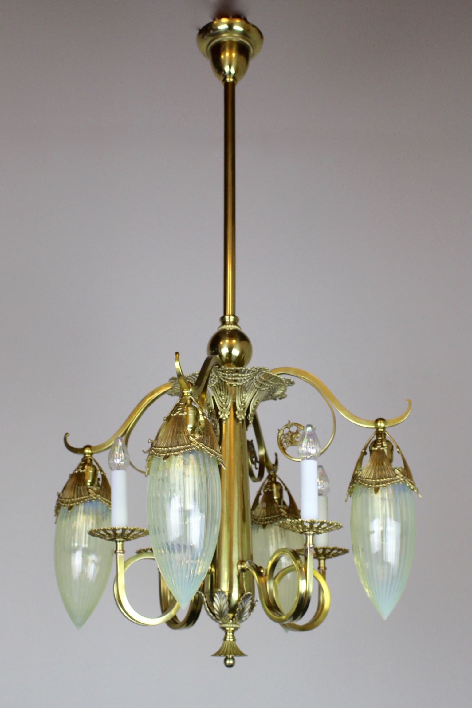 Victorian Gas Electric Chandelier with Period Striped Opalescent Art Glass Shades (1 of 6)