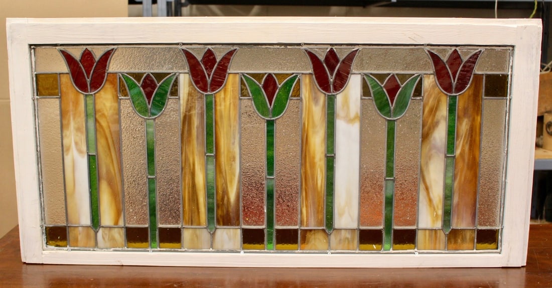 Vintage Art Nouveau Tulip Stained Glass Transom Window Panel (1 of 14)