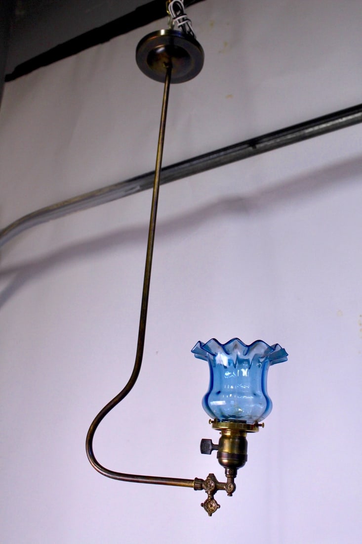 Victorian Gas Converted Electric Pendant with Period Blue Shade: Single Victorian gas converted electric pendant with period floral blue shade. Measures 29.5"H x 10.5"Dia.