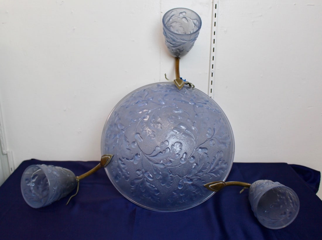Circa 1930s French Art Deco Fine Nancy Chandelier: Circa 1930s French Art Deco fine Nancy glass bowl chandelier. Chandelier with beautiful blue glass bowl with floral patterns as central basin and 3 art deco floral glasse shades. It is believed to be