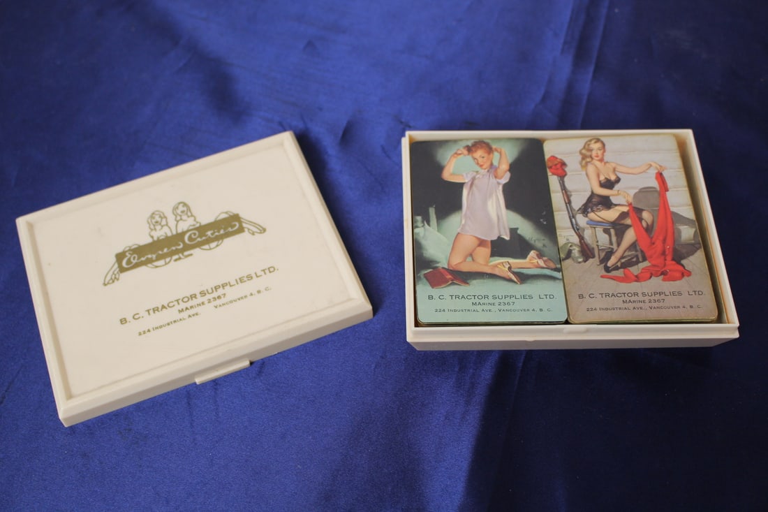 Vintage Playing Cards with Women and Advertiseement: Set of Playing cards with women and advertisement by "B.C. Tractor Supplies Ltd. 54 cards in a deck (includes the jokers). Box measures 5"x 4" x 1"