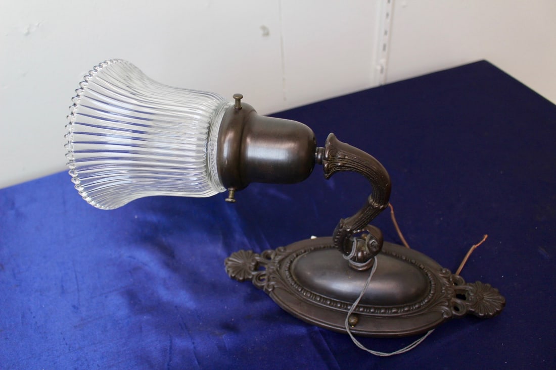 Edwardian Wall Sconce with Stylized Dolphin Arm and Holophane Shade (1 of 5)