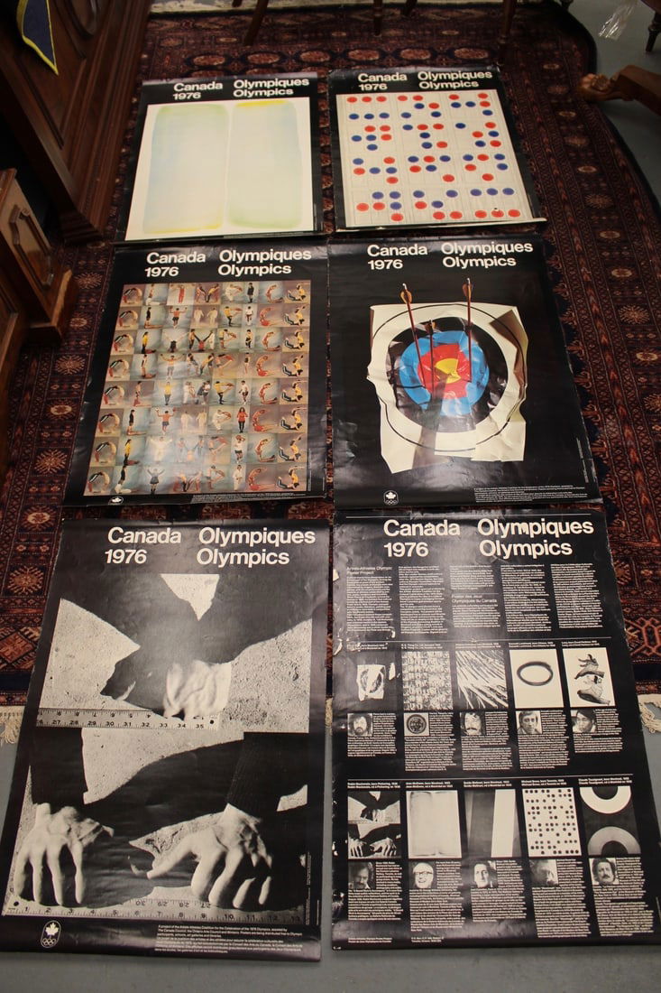 1976 Montreal Canada Olympic Game Posters designed after Michael Snow N.E. Thing Co etc: Collection of 6 original 1976 Montreal Canada Summer Olympic posters. Featuring designs by Canadian artists Michael Snow (1928 to 2023), N.E. Thing Co. Ltd, Robin Mackenzie (b.1938), Pierre Ayot (b. 1