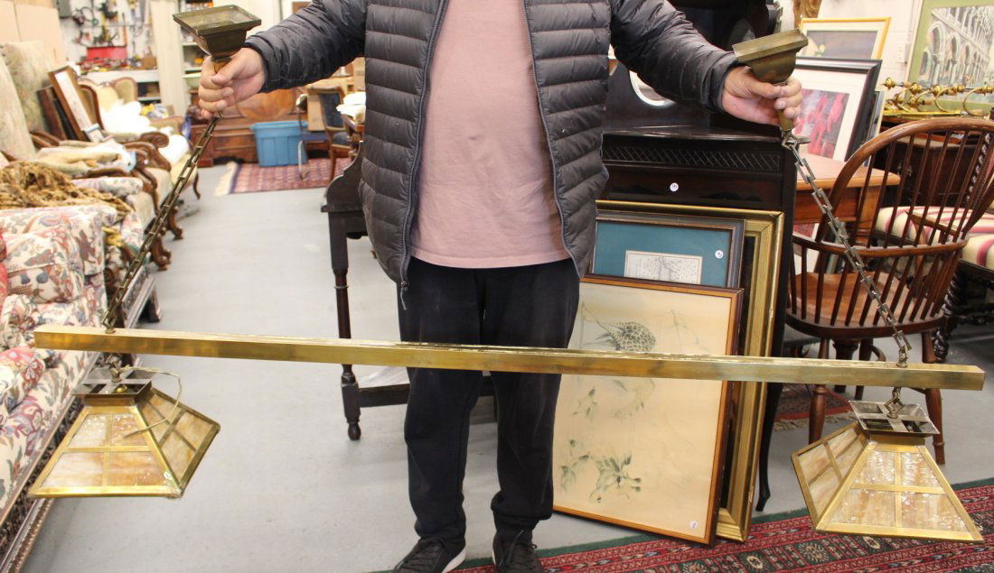 Arts and Crafts Pool Snooker Billiard Table Pendant Light Lamp: Arts and Crafts pool snooker billiard table pendant light. The lamp came from a 1912 home in Toronto. Each shade measures 12" at the bottom. The supporting brass rod is around 72" long and is made of