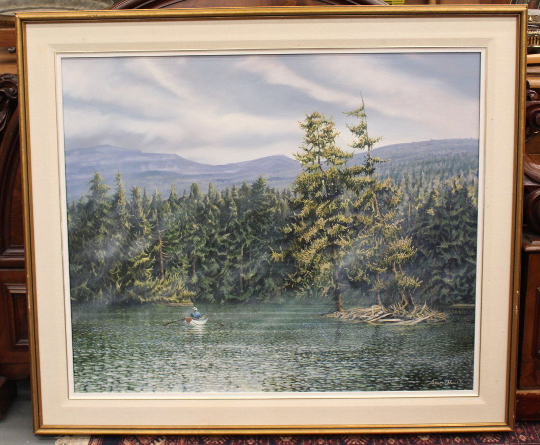 Landscape Painting by Canadian Artist Bruce Muir: Untitled landscape painting by Canadian Bruce Muir. Signed and framed. Painting measures 35 1/2" x 29 1/2". Frame measures 49 1/2" x 37 1/2". These artworks had been decommissioned from the ASC Vancou