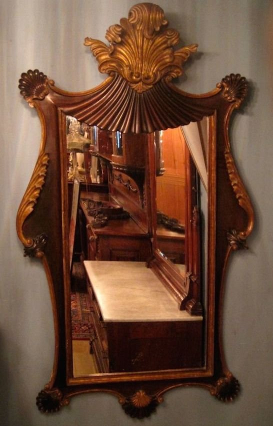 Venetian Period Mirror: Ca. 1880 Italian Venetian Mirror with intricate design and original finish. Part of the William Switzer Collection of Fine Antiques, this piece was used as an original reference for a reproduction. 59