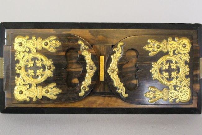 19th C. Book Holder: Rosewood and carved brass, marked Edwards and Jones 161 Regent St., Patent 17581