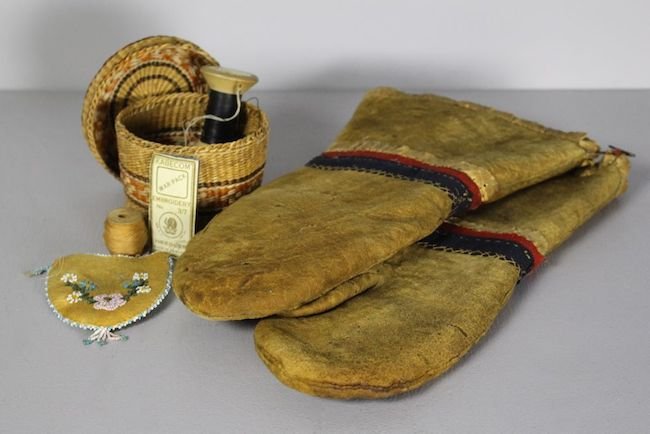 Native West Coast Basket And Hide Gloves: 19th Century, small sewing box with contents including beaded purse