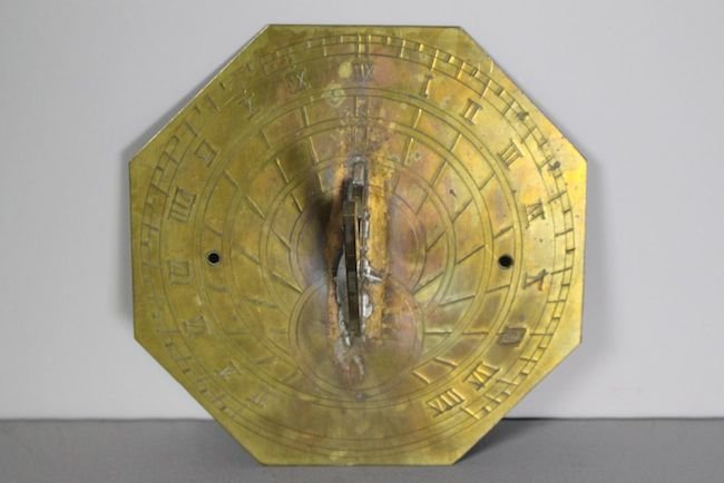 Sundial Brass 1930: Brass sundial, 8" x 8" octagon