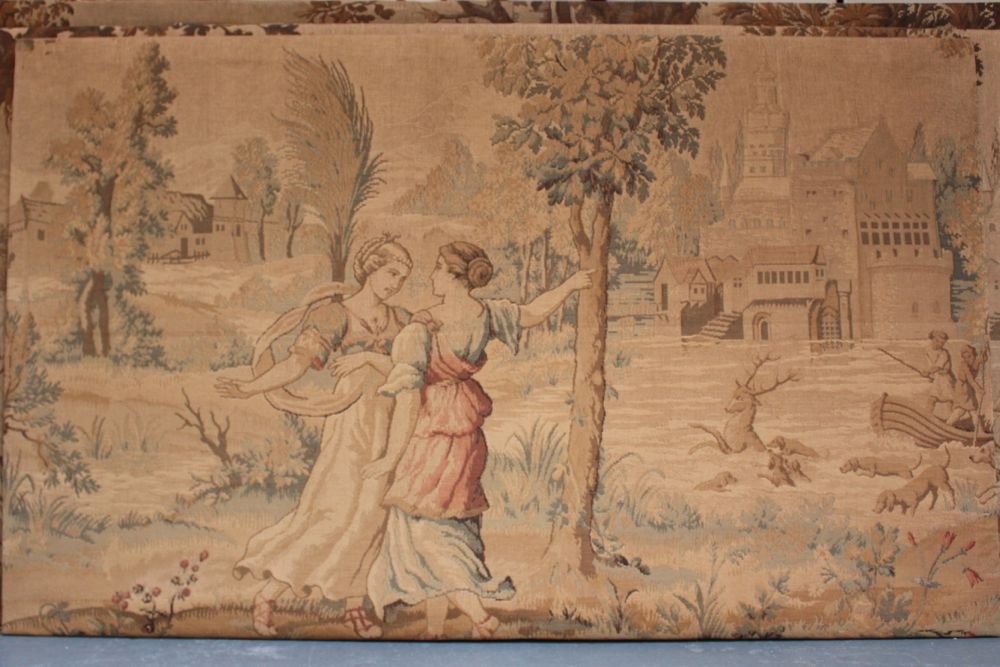 English Tudor Tapestry: Ca. 1922 Tapestry from an English Tudor home in Vancouver's Shaughnessy neighborhood. This tapestry is original to the house built in 1922. Measurements: 59"L X 36"H