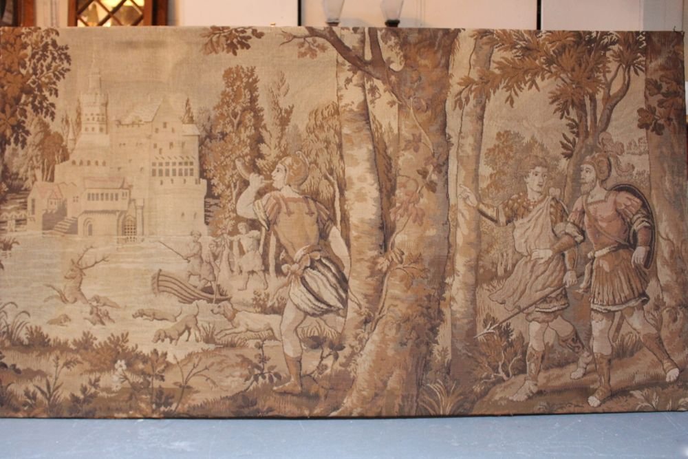 English Tudor Tapestry: Ca. 1922 Tapestry from an English Tudor home in Vancouver's Shaughnessy neighborhood. This tapestry is original to the house built in 1922. Measurements: 70"L X 40"H