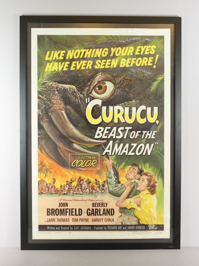 Curucu Beast of the Amazon Vintage Poster: Ca. 1956 A stunningly detailed vintage movie poster for the film "Curucu Beast of the Amazon." The movie follows Rock Dean and Dr. Andrea Romar who travel deep into the Amazon to find out why the plan
