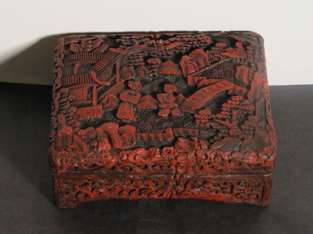 A Lacquer Jewelry Box: 19th century lacquer jewelry with carving L 4 1/2" W 3 1/2" H 1 1/2".