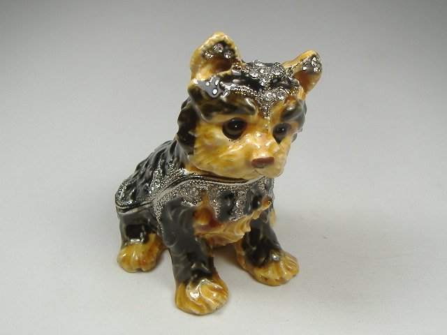 Crystalleria Yorkie Puppy Jewelry Box: This jewelry box measures approx. 2 1/2 inches in length, 2 1/4 inches at it's maximum width, and approx. 3 inches in height. The inside jewelry box is a little smaller than these dimensions.