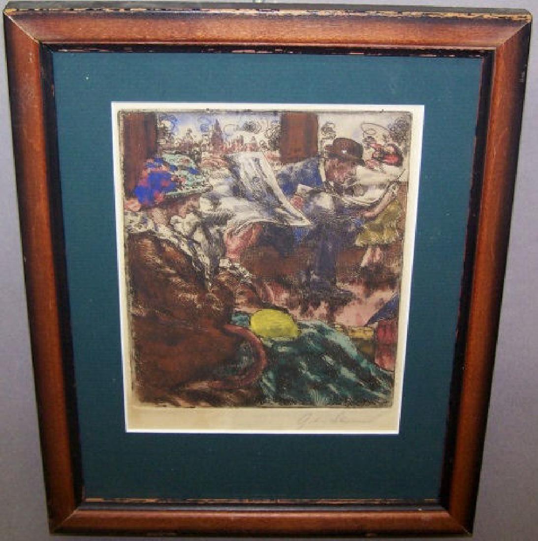 *SLOAN, JOHN: (1871-1951 American) Interior scene with people reading newspapers, framed etching with later handcoloring, signed lower right margin, approximate plate size 6" x 5", frame 10 1/2" x 8 1/2".
