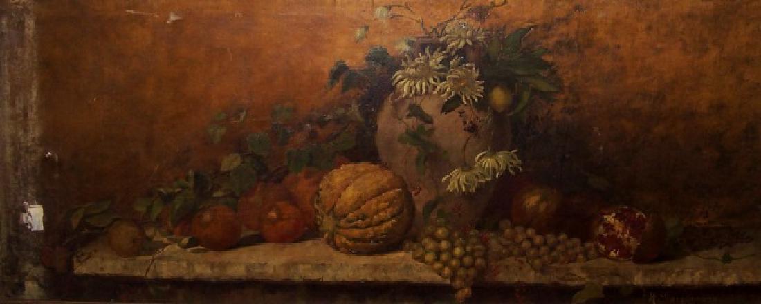 DEPPERMANN, HENRIETTE: (1858-1942 German) Still life with fruits and vegetables on table, framed oil on canvas mounted to cardboard, signed lower right, approximate image size 22 1/2" x 53 1/2", frame 26" x 57".