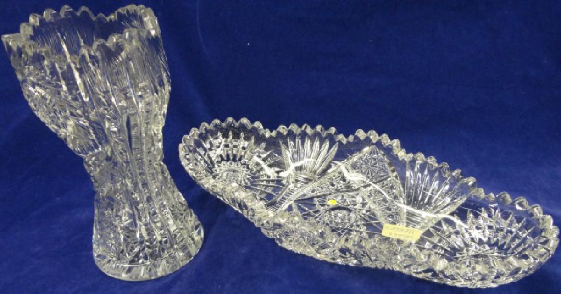 *2 PIECES OF AMERICAN BRILLIANT CUT GLASS: Bergen celery, approximate length 19 3/4", and Hobbs vase, width 6".