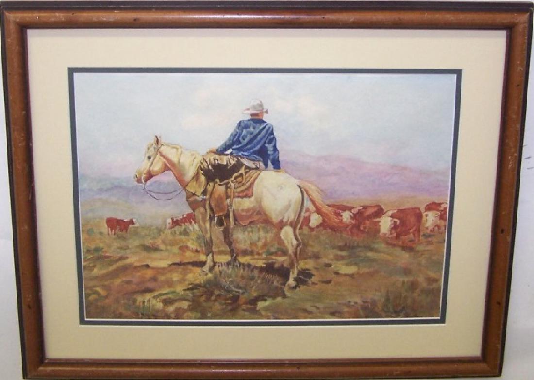 *KUHN ROBERT: Cowboy on horseback watching cattle, framed watercolor.