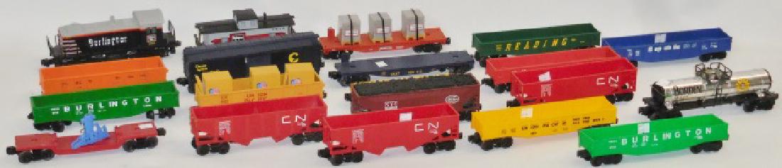 *GROUP OF LIONEL O GAUGE TRAINS: #2322 Burlington switcher locomotive, gondolas, hoppers, boxcar, etc.