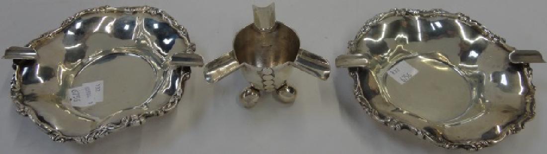 *3 PIECES OF MEXICAN STERLING SILVER: Ash receivers, pair marked "Hecho en Mexico DF", approximately 5 3/8" x 6 1/8" x 1 5/16", and 1 with ball feet marked "Spratling made in Mexico, Spratling Silver", height 2 1/8", approximate total wei