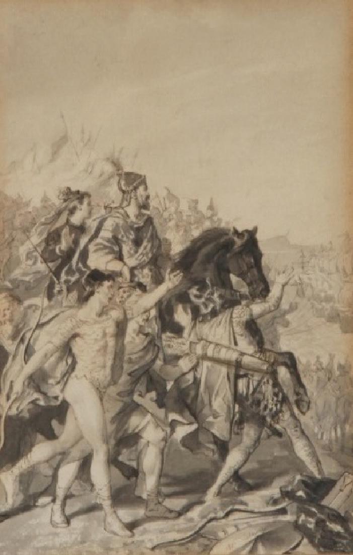 LALAUZE, ADOLPHE: (1838-1906 French) King coming to greet fleet, framed pencil, pen, ink, and watercolor, signed lower center, approximate image size 8 1/4" x 5 1/2", frame 13 3/4" x 11 1/2".