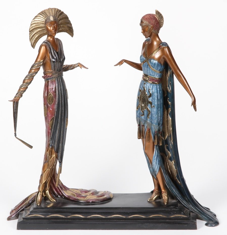 ERTE: (1892-1990 Russian/French) Exotic women, bronze sculpture, numbered from edition of 500, copyrighted 1990 on base, produced by Seven Arts Ltd of London, England, approximate height 18 1/2", width 18 1