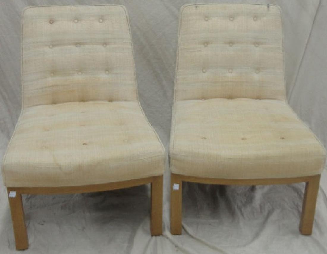 *PAIR OF DUNBAR SLIPPER CHAIRS: Having walnut frame, approximate height 32", width 24", depth 33".