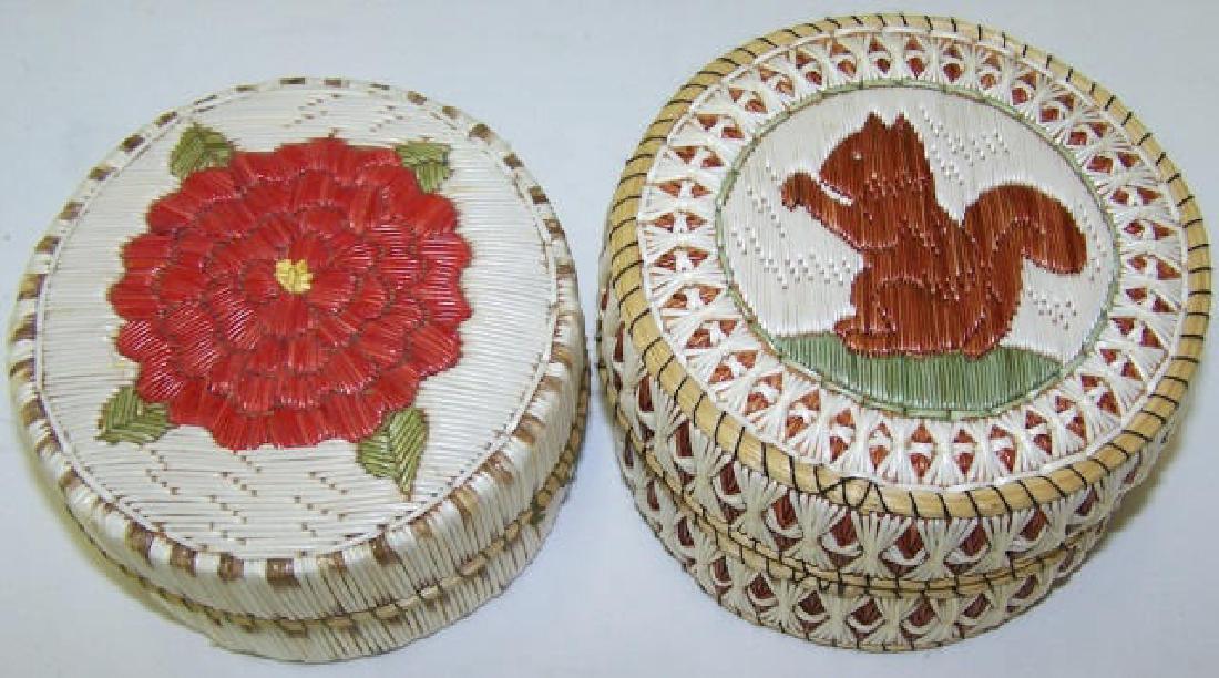 *2 NATIVE AMERICAN QUILL BASKETS: 1 decorated with feeding squirrel, marked "Made by Delia Bebaning (Bebanang) West Bay Ontario Popigo, To Rachel", approximate height 3", diameter 4", 1 decorated with flower, signed on underside "Marg