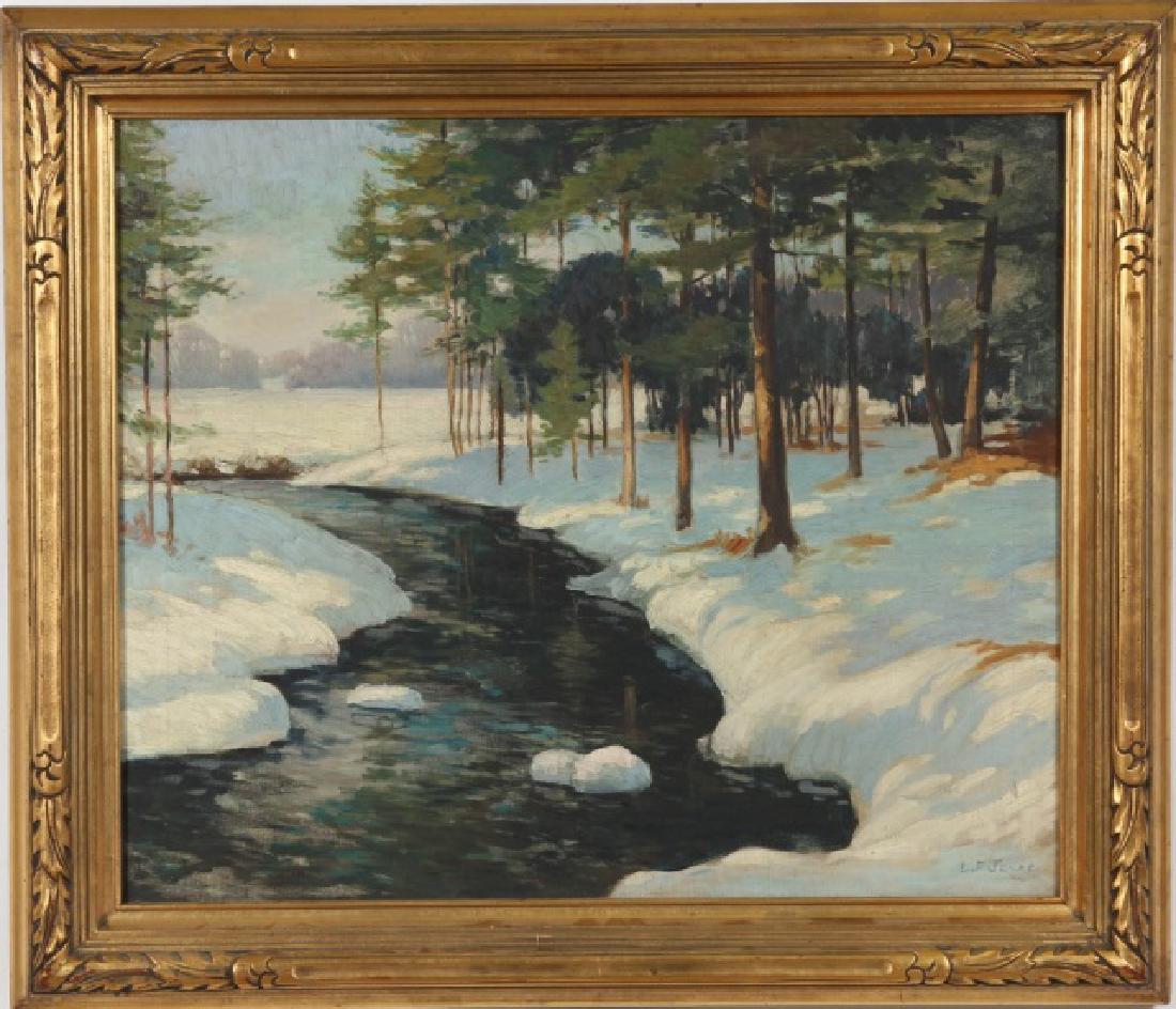 *JONAS, LEROY: (1897-1981 American) Winter landscape with stream, framed oil on canvas, signed lower right, approximate image size 25" x 30", frame 31 1/2" x 36 1/2".