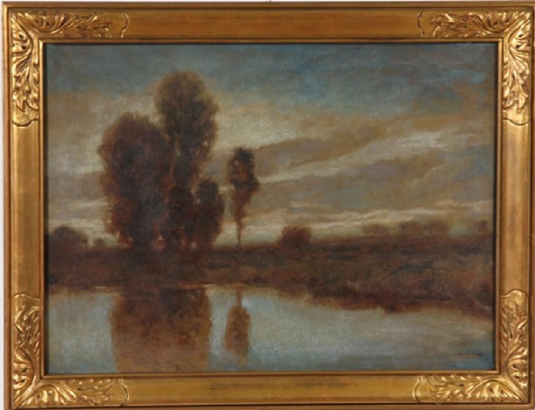 *JONAS, LEROY: (1897-1981 American) Nocturnal landscape, framed oil on canvas housed under glass, signed lower right, approximate image size 25" x 34", frame 31 1/2" x 39 1/2".