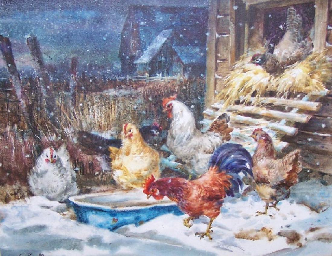 *KIEFFER, GEORGE: (20th C. American) Hen house in winter, framed watercolor, signed lower left, approximate image size 19 3/4" x 25", frame 27 1/2" x 33 1/2".