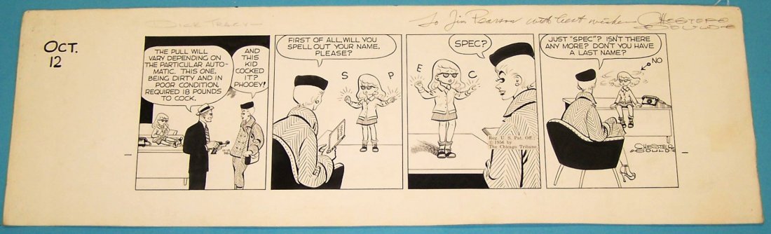 *GOULD, CHESTER: (1900-1987 American) Original daily for Dick Tracy comic strip, ink on artist card, signed far right panel, copyrighted 1956 by Chicago Tribune, approximate work size 5 1/8" x 16 1/4", total sheet siz