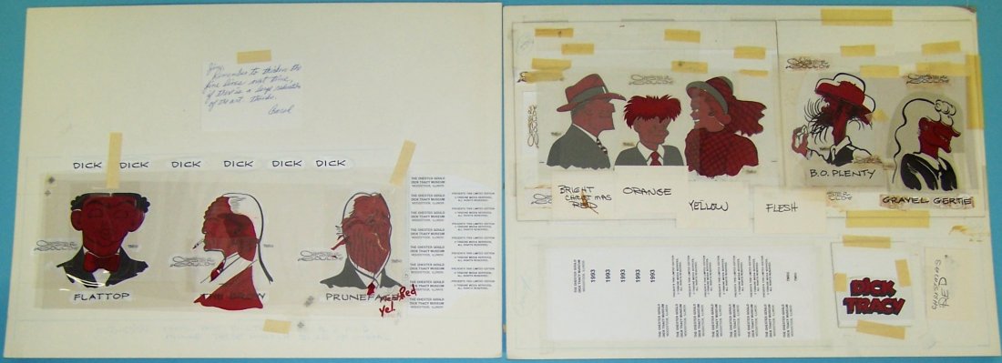 *GOULD, CHESTER: (1900-1987 American) Several celluloid pieces depicting Dick Tracy, Gravel Gertie, B.O. Plenty, Tess and Jr., Pruneface, The Brow, and Flat Top, each sketch approximately 4 1/2" x 3 1/2". Provenance: