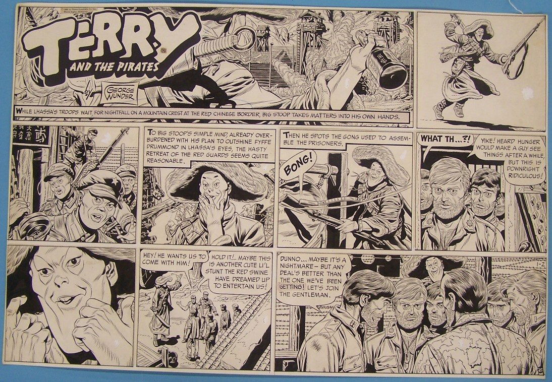 *GEORGE WUNDER: (20th C. American) Original Sunday illustration for Terry and the Pirates comic strip, unframed ink on illustration card mounted to backer, signed top center, copyright date 1966 by News Syndicate Co.