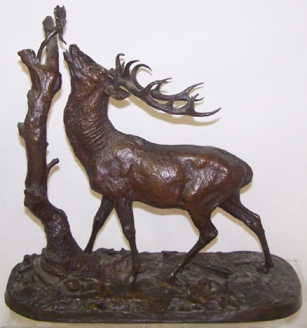 *MENE, PIERRE-JULES: (1810-1879 French) Stag reaching for leaf, bronze sculpture, signed "P.J. Mene", approximate length 15", height 14 3/4".
