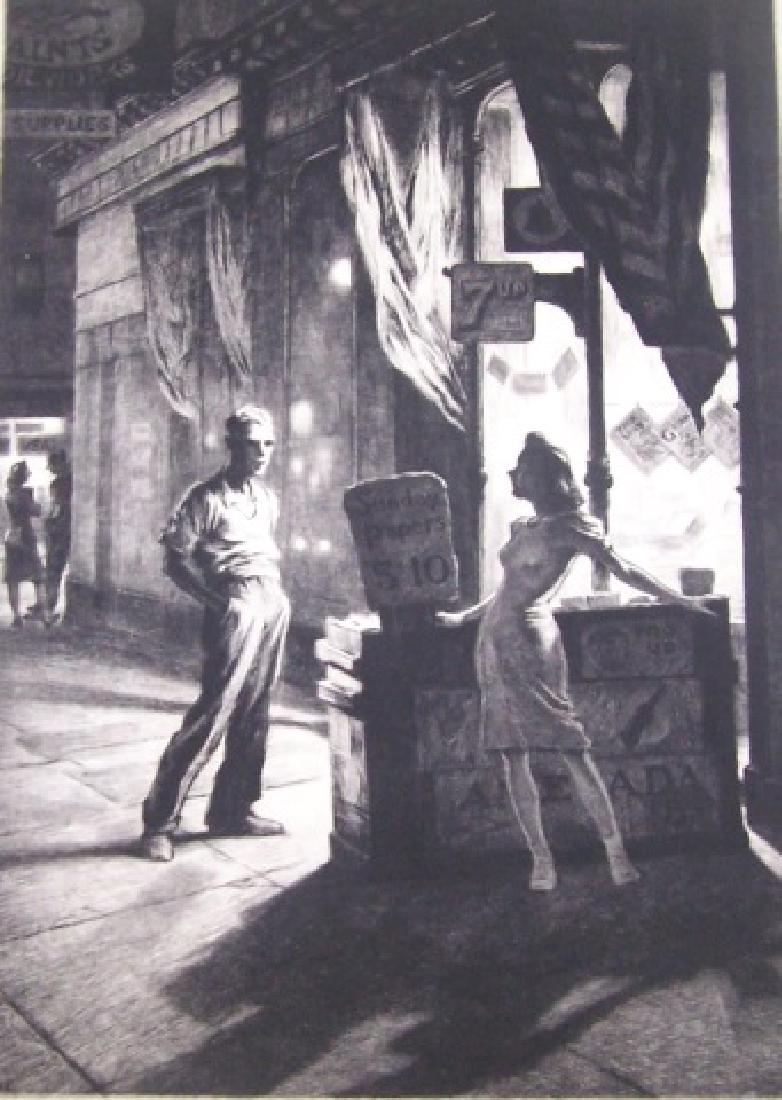 *LEWIS, MARTIN: (1883-1962 American) "Chance Meeting", unframed matted etching, signed in pencil lower margin, approximate image size 10 3/8" x 7 1/2" with full margins, comes with the original sheet from the Society