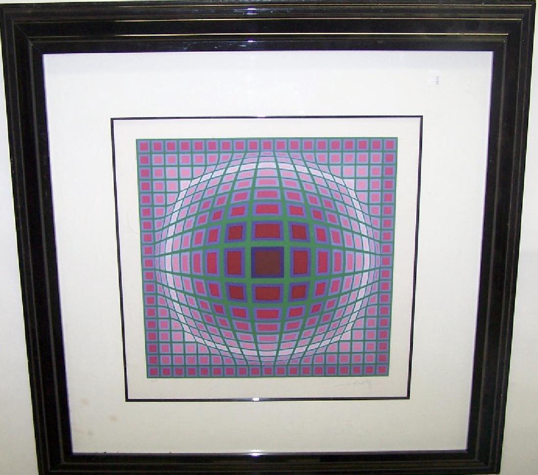 *VASARELY, VICTOR: (1908-1997 Hungarian) Geometric abstract, framed serigraph on thick paper, signed in pencil lower right, numbered from edition of 300 lower left, approximate image size 16" x 16", frame 32" x 32".