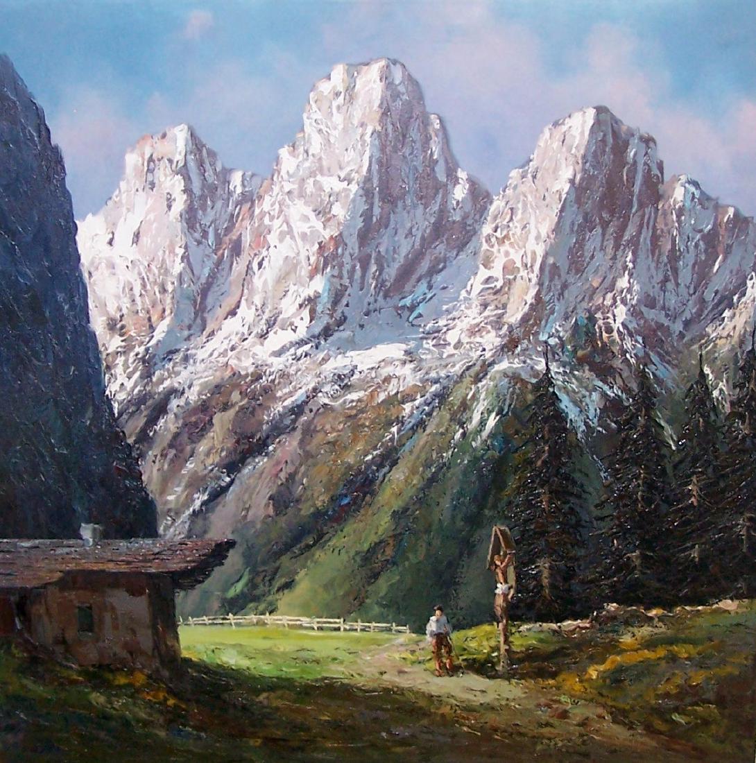 *UNKNOWN ARTIST: (20th C. German School) Bavarian mountain landscape, unframed oil on canvas, unsigned, approximate image size 36" x 36".
