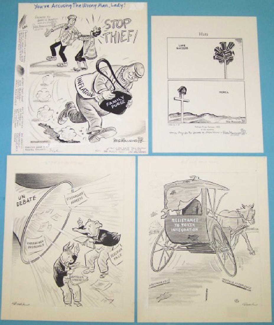 *4 UNFRAMED ORIGINAL COMIC STRIP ILLUSTRATIONS: 2 by Paul Karmack and 2 by Reginald Manning, all signed, approximate work size of 3 pieces 14" x 11 1/2", 1 piece 13" x 10".