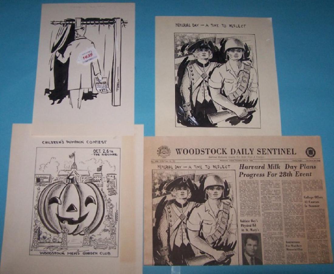 *PEARSON, JAMES EUGENE: (1939-2017 American) 3 original illustrations depicting Woodstock, Illinois and political cartoons, all signed, approximate sheet size of 2 pieces 14" x 12", 1 piece 14" x 9 1/4".