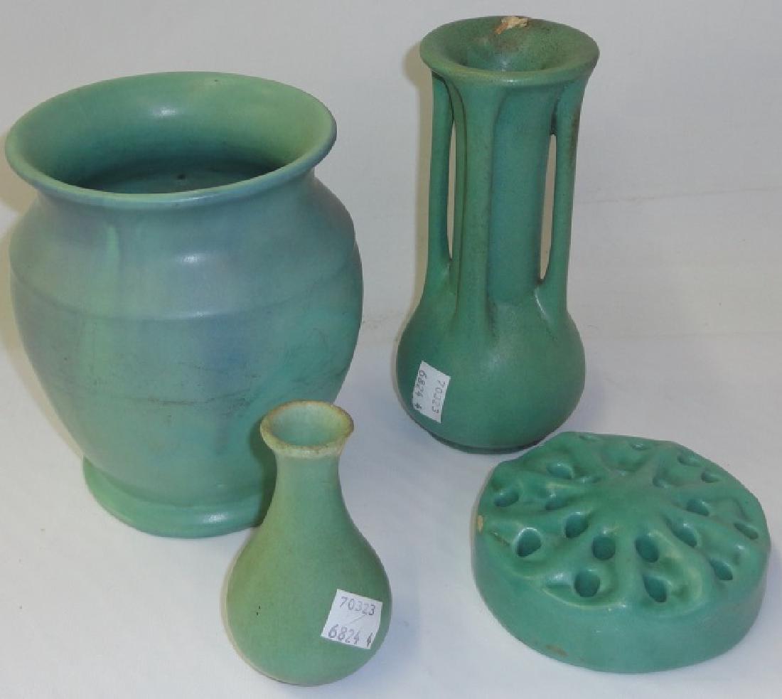 *4 PIECES OF ART POTTERY: Floral frog, approximate height 1 1/4", vase, height 4", vase, height 6 1/4", and Teco vase, height 7".