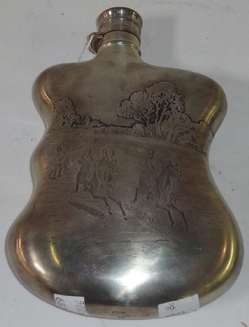 *STERLING SILVER HIP FLASK: By Gorham ca. 1885, having shaped sides, having engraved decoration depicting fox hunt, marked on base "95", approximate height 7 3/4".