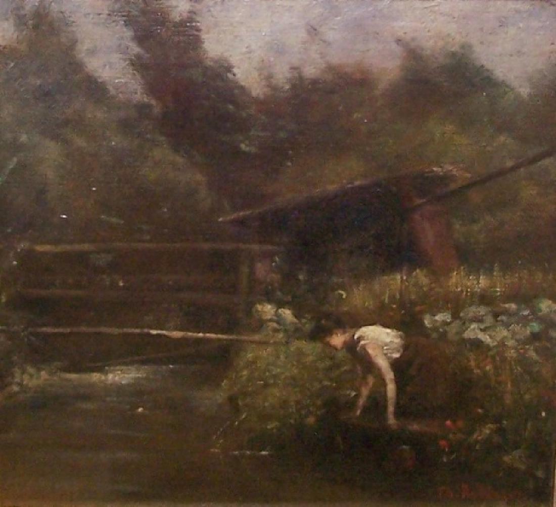 *ATTRIBUTED TO THEODORE ROBINSON: (1852-1896 American) Woman collecting water by stream, framed oil on canvas mounted to newer masonite panel, signed lower right, approximate image size by sight 10" x 10", frame 13 1/2" x 13 1/2".