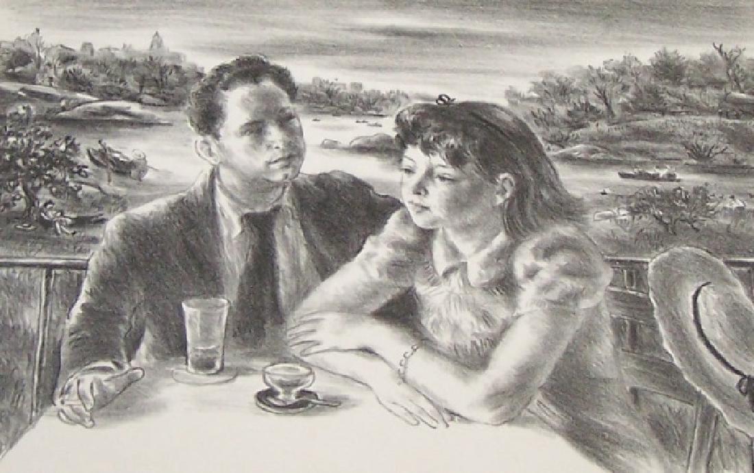 *PHILIPP, ROBERT: (1895-1981 American) Couple at table, unframed and matted lithograph, signed with monogram lower right, approximate image size 9 3/4" x 13 3/4", total size with mat 16" x 20".