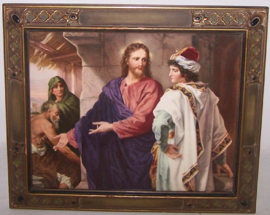 *BERLIN KPM PORCELAIN PLAQUE: "Christ u der reiche fungling", (Christ and the rich youth), framed porcelain plaque, marked on back with scepter, kpm, sz/vk, late 19th century, approximate plaque size 9 7/8" x 12 3/8", frame 12 3/8