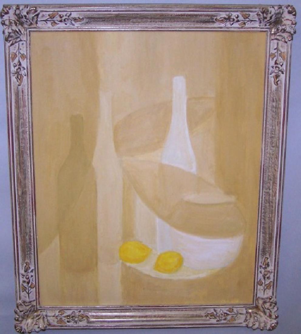 *UNKNOWN ARTIST: Still life with bottles and lemons, framed oil on masonite board, unsigned, approximate work size 22" x 17 3/8", frame 26" x 21".