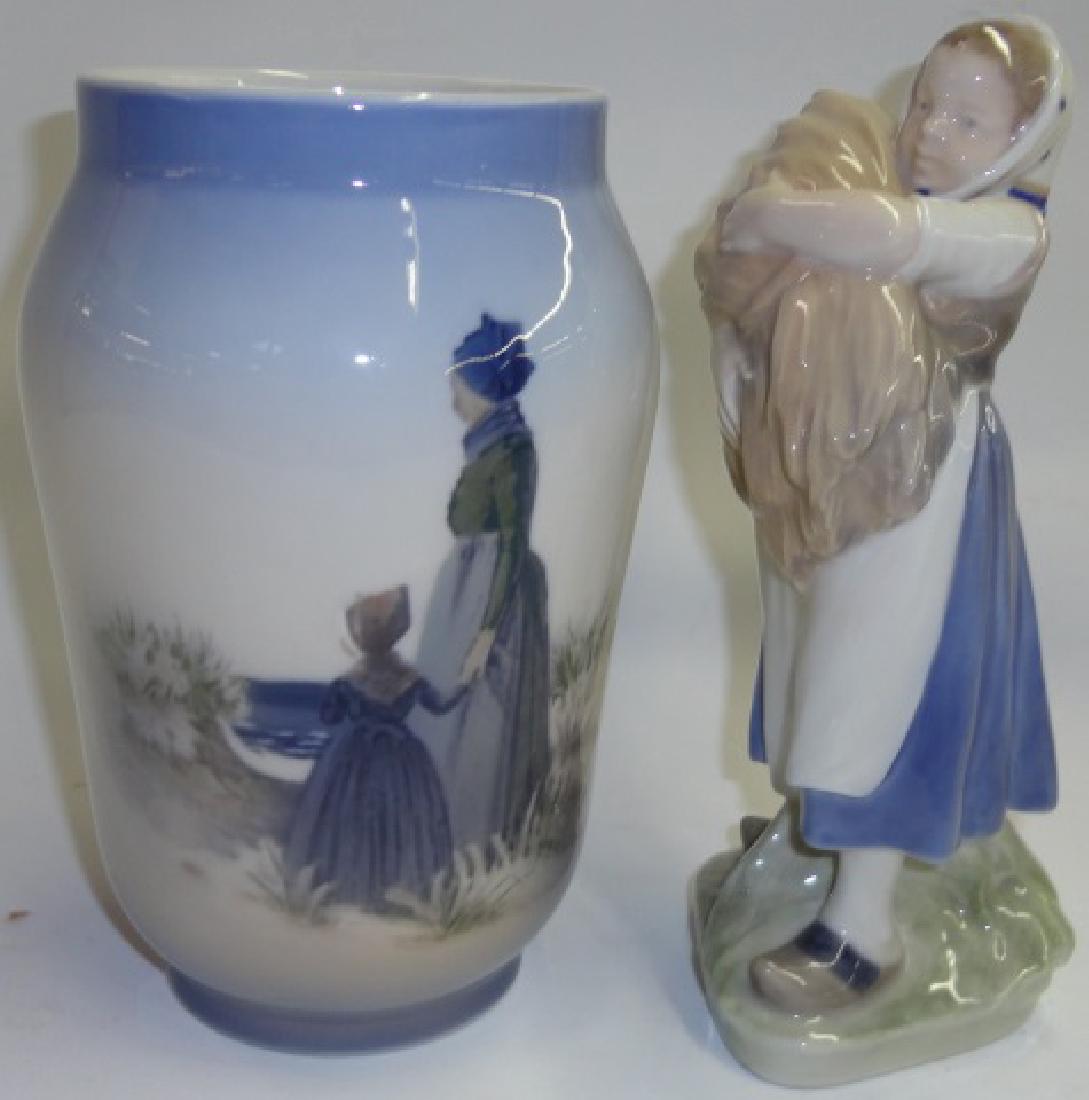 *2 PIECES OF ROYAL COPENHAGEN: "Girl with Cornsheaf" #908, approximate height 7 3/4", and vase decorated with mother and daughter, height 7".